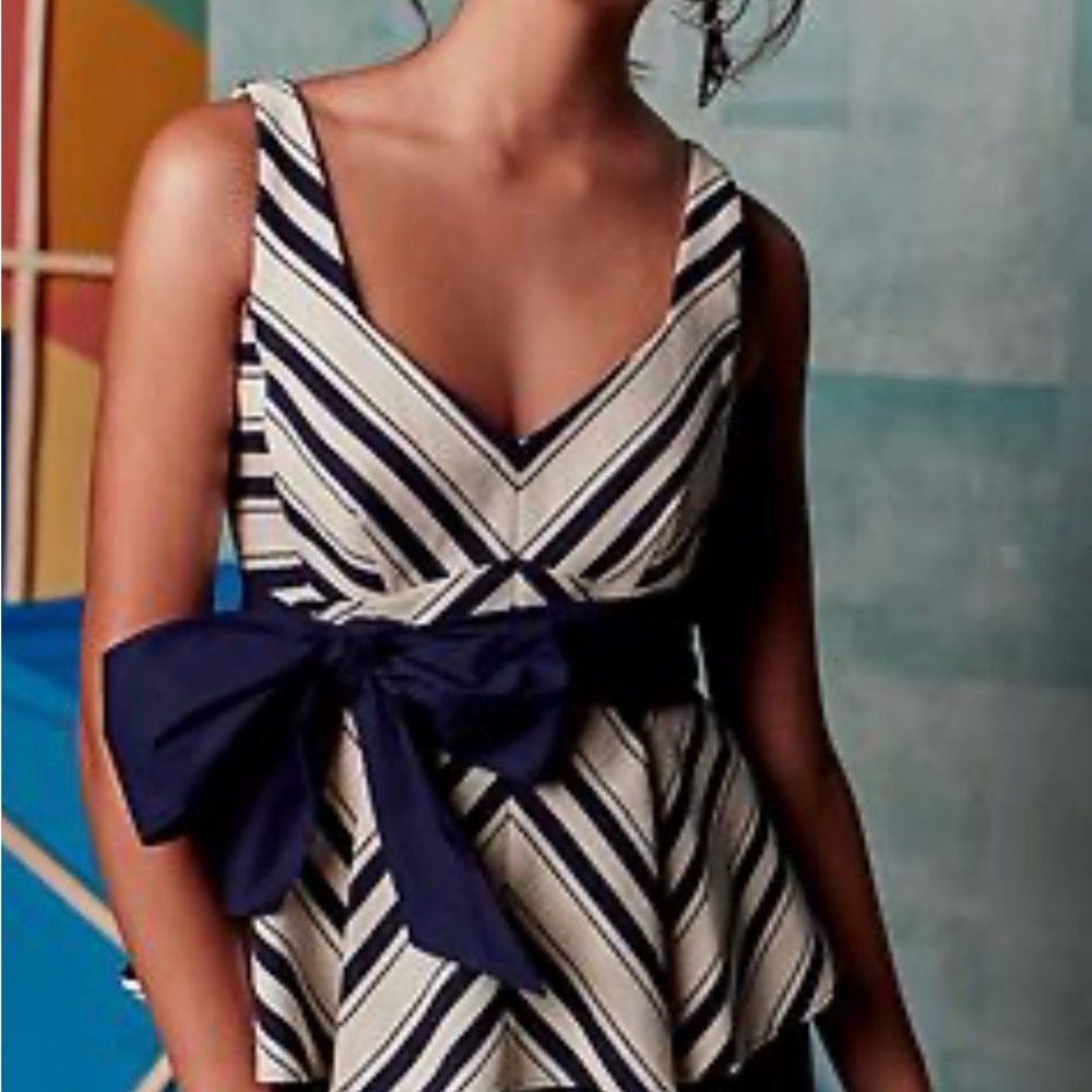 Maeve Cream and navy Striped V-Neck Peplum Top